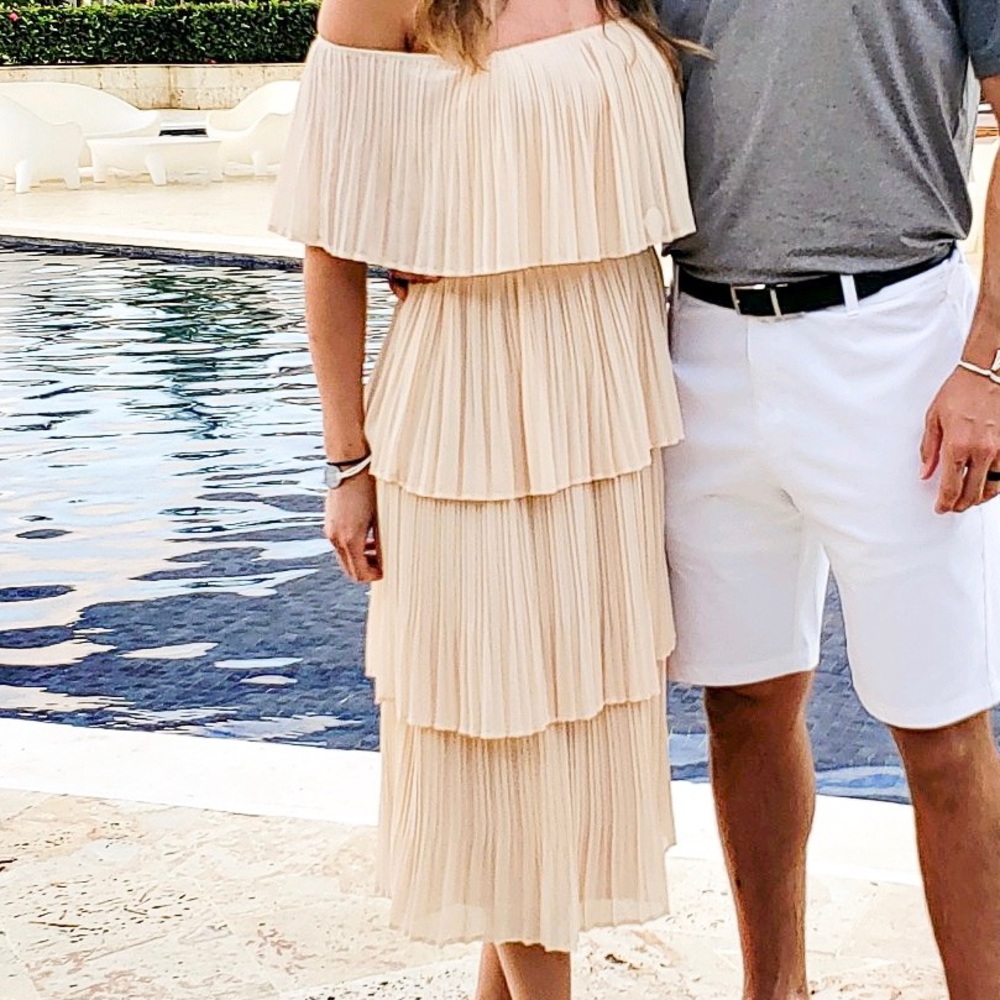 Off the shoulder, cream, pleated, and tiered dress
